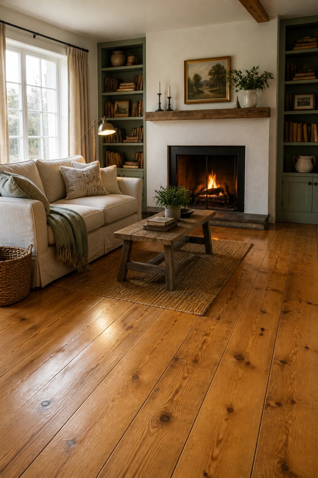 A living room featuring wide rustic pine wood flooring, a light-colored sofa, a wooden coffee table on a jute rug, green built-in bookshelves, and a white fireplace with a lit fire.