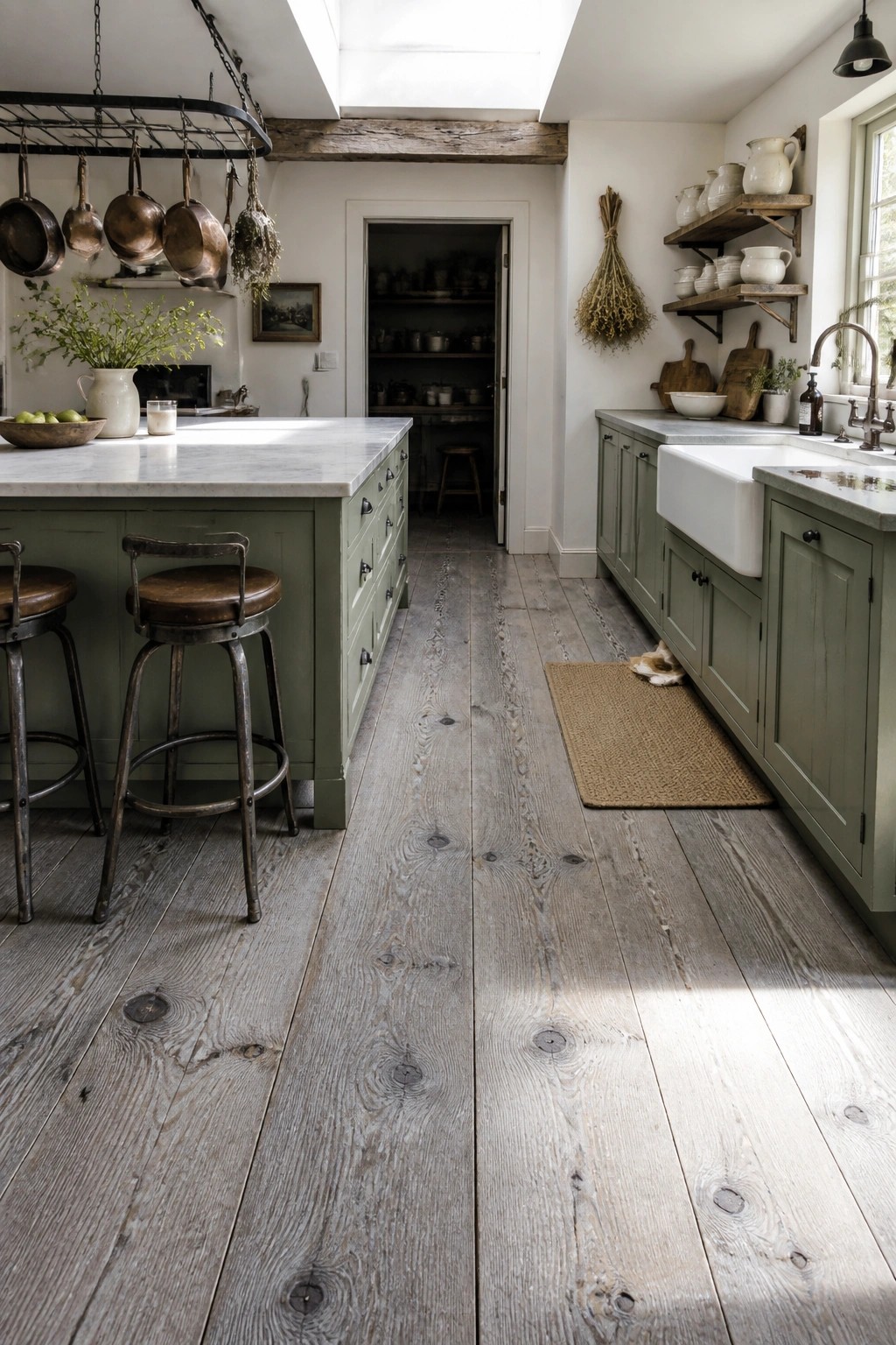 A rustic kitchen interior with wide plank weathered pine wood flooring, sage green cabinetry, a marble topped island with stools, and a white farmhouse sink.