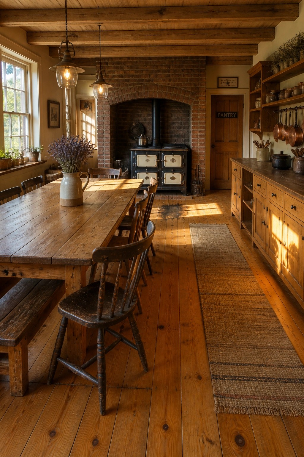 A rustic farmhouse kitchen with wide pine wood flooring, a long wooden dining table with spindle chairs, and a black stove set in a brick alcove.