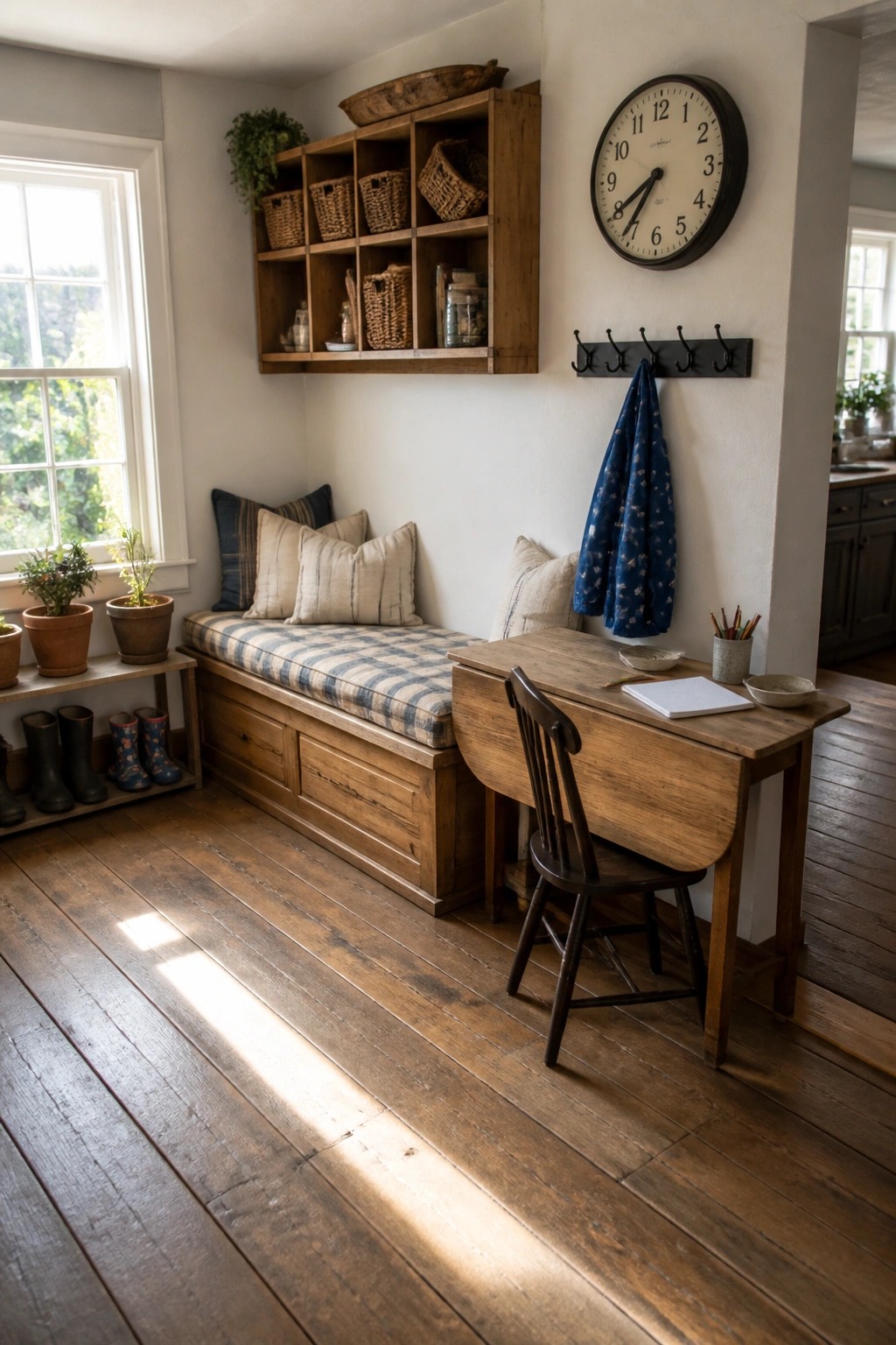 A corner room with wide pine wood flooring, a wooden storage bench with cushions, a drop-leaf table and chair, wall hooks, and a large round clock.