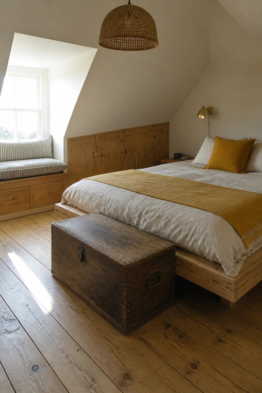 A bedroom interior with wide light pine wood flooring, a wooden bed frame, a dark wooden trunk at the foot of the bed, and a window seat on the left.