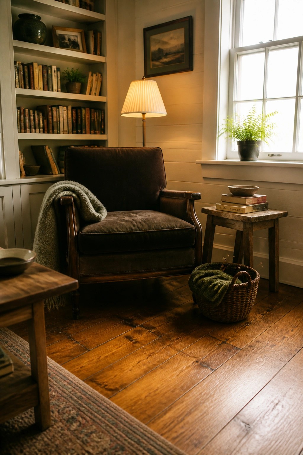 A room interior with wide plank pine wood flooring, a dark upholstered armchair draped with a gray throw, built-in bookshelves filled with books, a floor lamp, and a small wooden side table near a window.