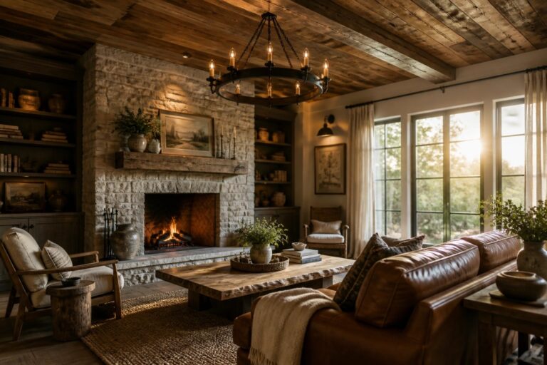 A living room interior featuring a vaulted ceiling of horizontal reclaimed wood planks, a large stone fireplace, a brown leather sofa, and a wooden coffee table on a woven rug.