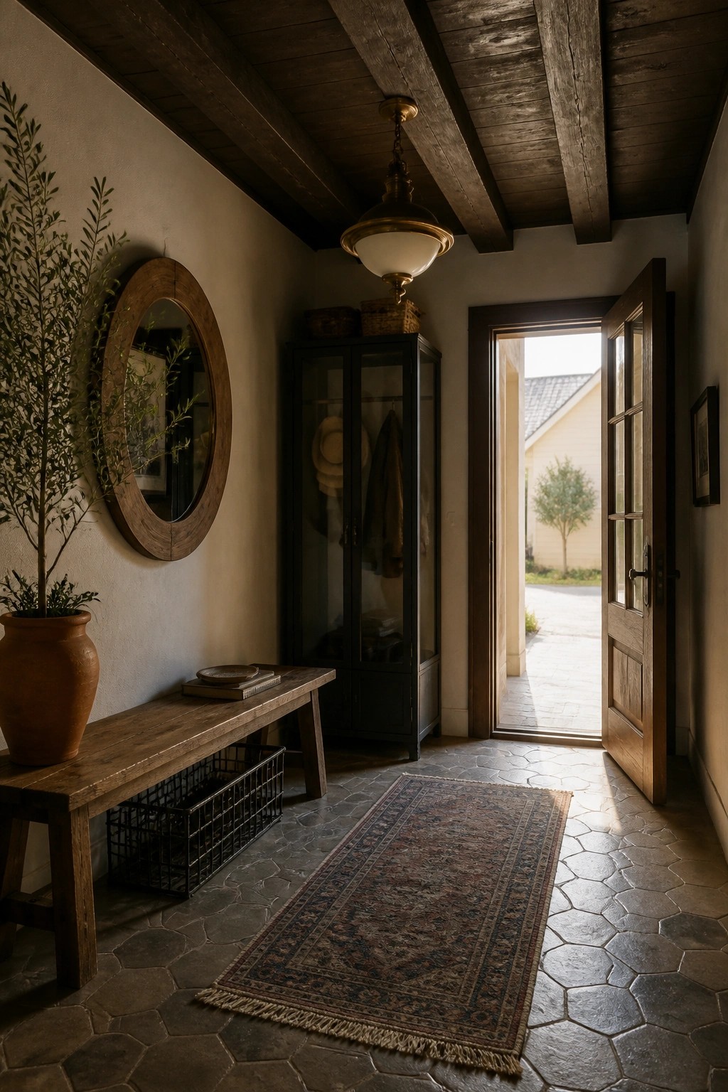 An interior entryway with dark wooden ceiling beams, a round wall mirror, a wooden bench with a potted plant, a glass cabinet, and an open wooden door to the outside.