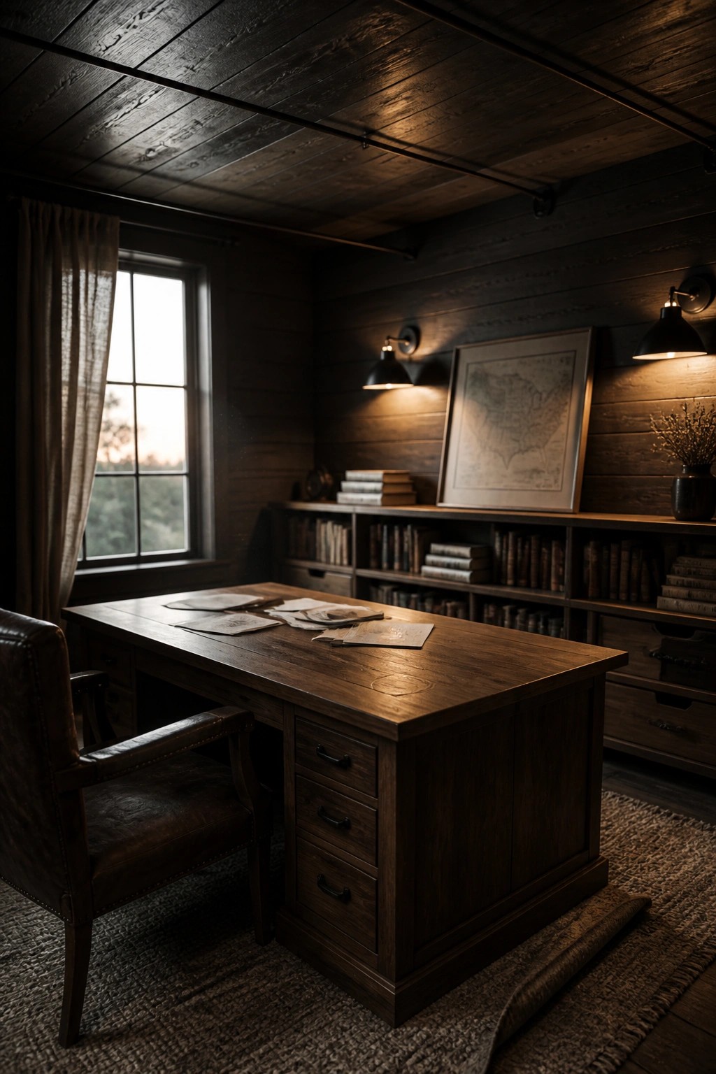 A home office with a dark reclaimed wood plank ceiling, a large wooden desk, and built-in bookshelves along the back wall.