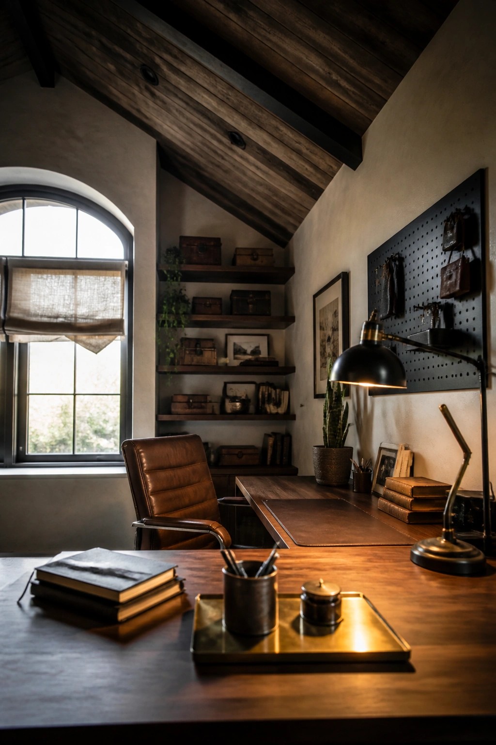 An interior view of a home office showing a dark reclaimed wood plank ceiling with exposed beams above a wooden desk and leather chair.