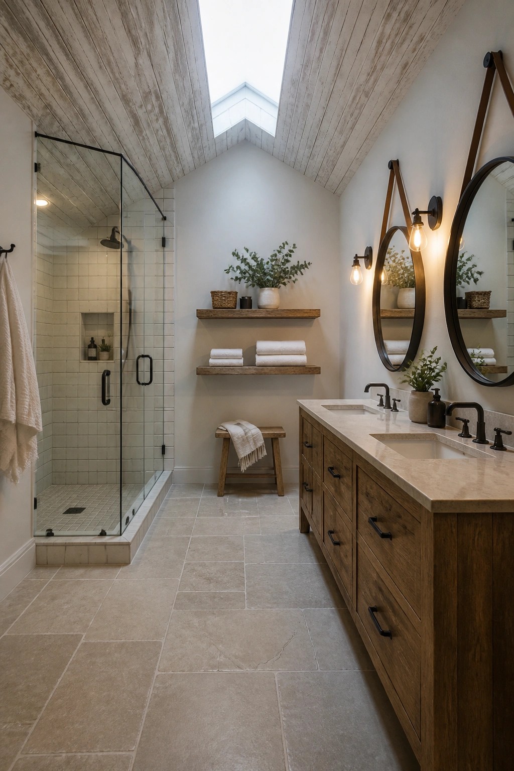 A bathroom interior with a peaked ceiling covered in light reclaimed wood planks, a glass shower on the left, and a long wooden vanity with two sinks on the right.