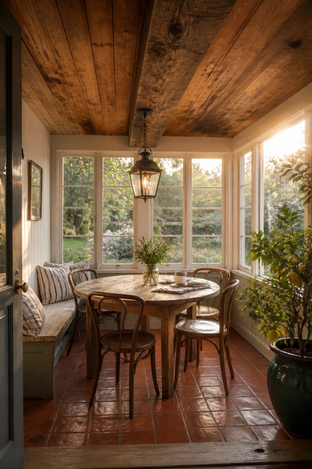 Interior view of a sunroom with a round wooden table and chairs on terracotta tile, large windows overlooking greenery, and a ceiling made of rough reclaimed wood planks.