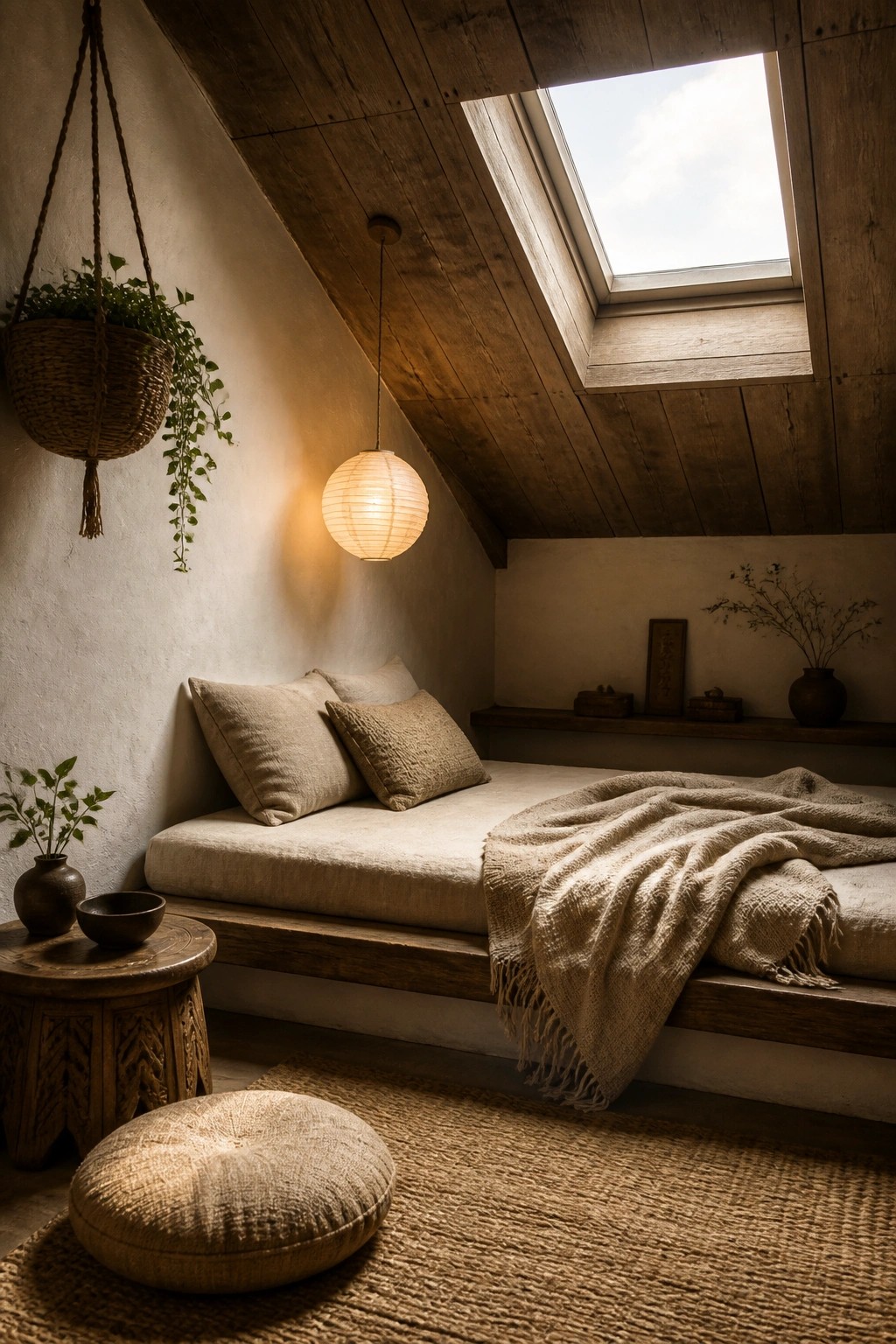An attic bedroom with a sloped ceiling of reclaimed wood planks, a skylight, a low platform bed with neutral linens, and a hanging paper lantern.