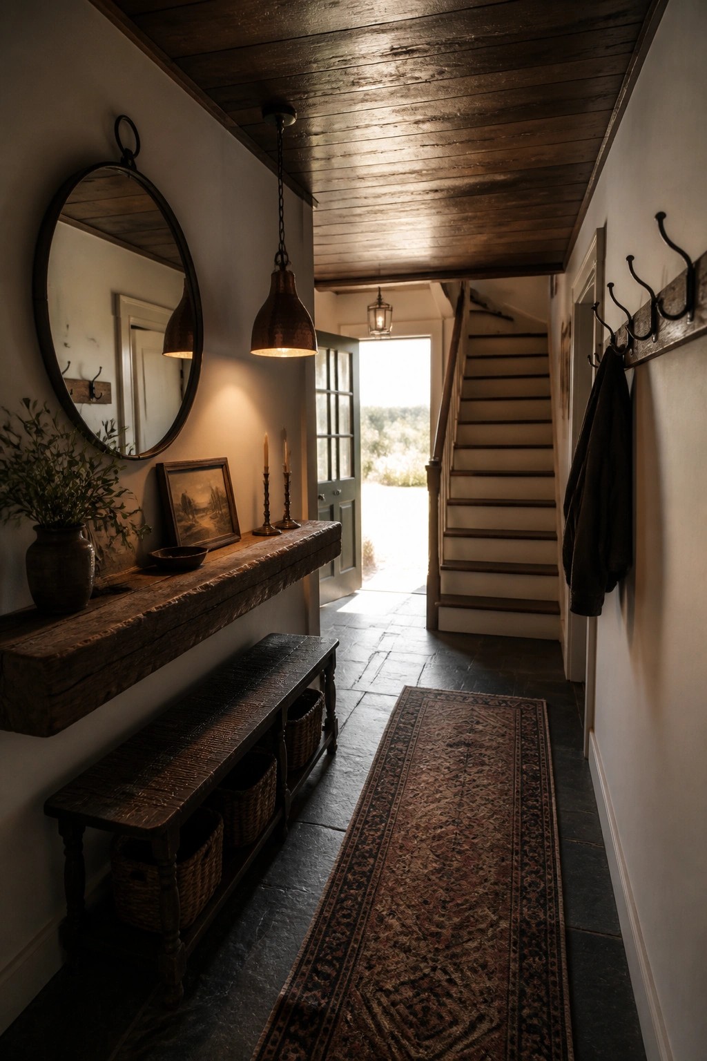 A narrow interior hallway featuring a dark reclaimed wood plank ceiling, stone tile floor with a long patterned runner, wooden bench with storage baskets, round wall mirror, and a staircase leading toward an open exterior door.