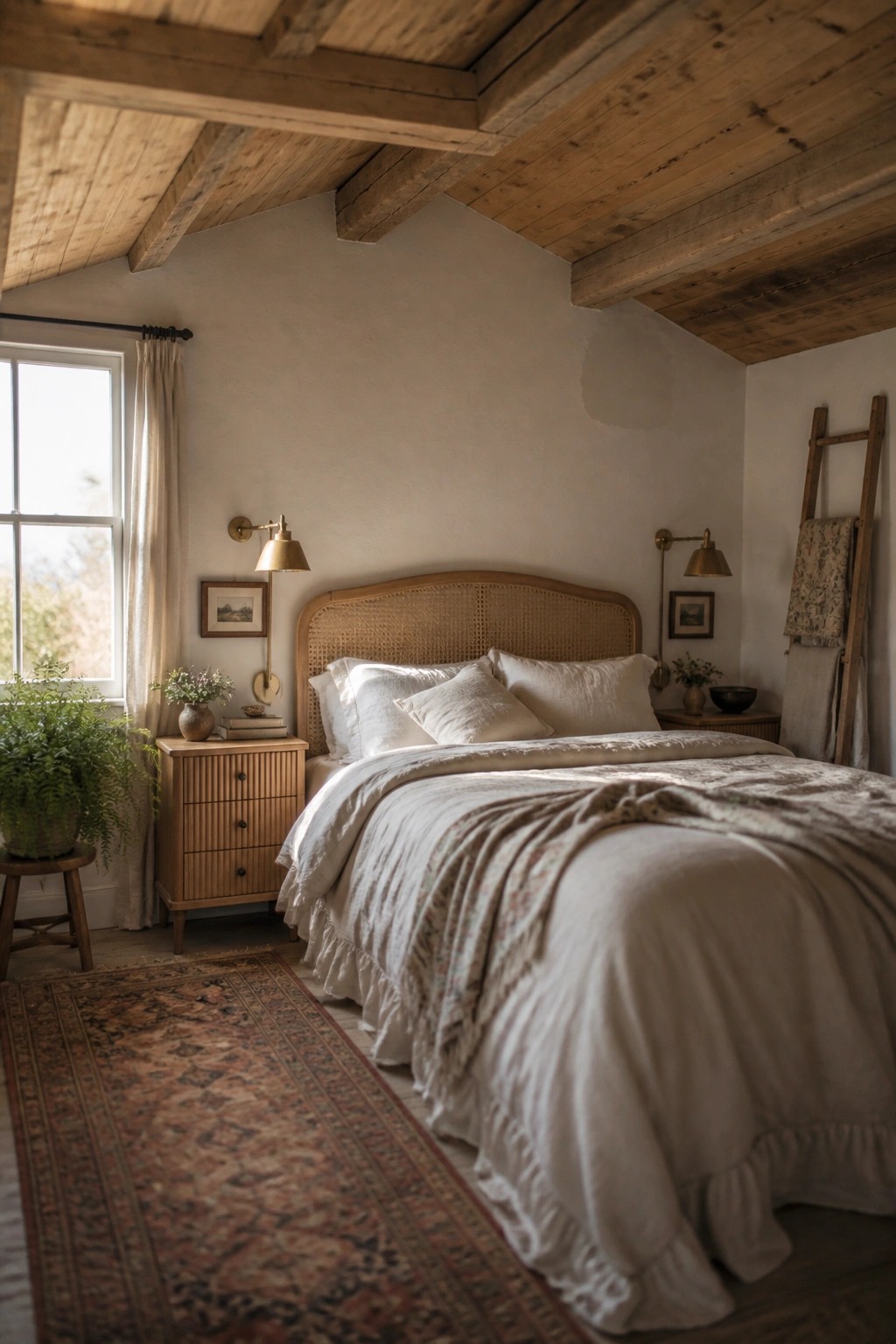 A bedroom interior with a high ceiling of thick reclaimed wood beams, a rattan headboard bed with white linens, wooden nightstands, wall sconces, and a patterned rug on the floor.