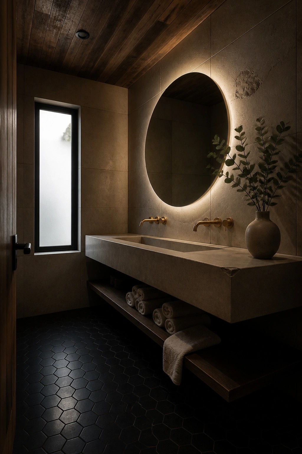 A bathroom interior with a dark wood plank ceiling, floating concrete vanity, round illuminated mirror, and black hexagonal floor tiles.