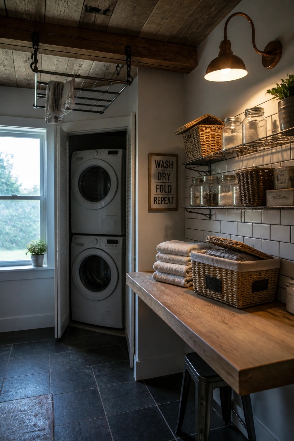 A laundry room interior with stacked white washing machines, a reclaimed wood ceiling with exposed beams, a wooden countertop, and wall-mounted shelves holding baskets and jars.