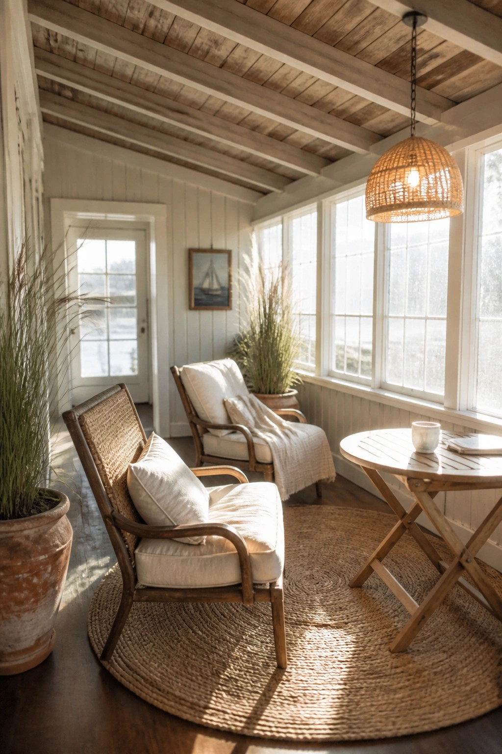 A sunroom interior with a reclaimed wood plank ceiling, white walls, large windows, and wooden furniture arranged on a round woven rug.