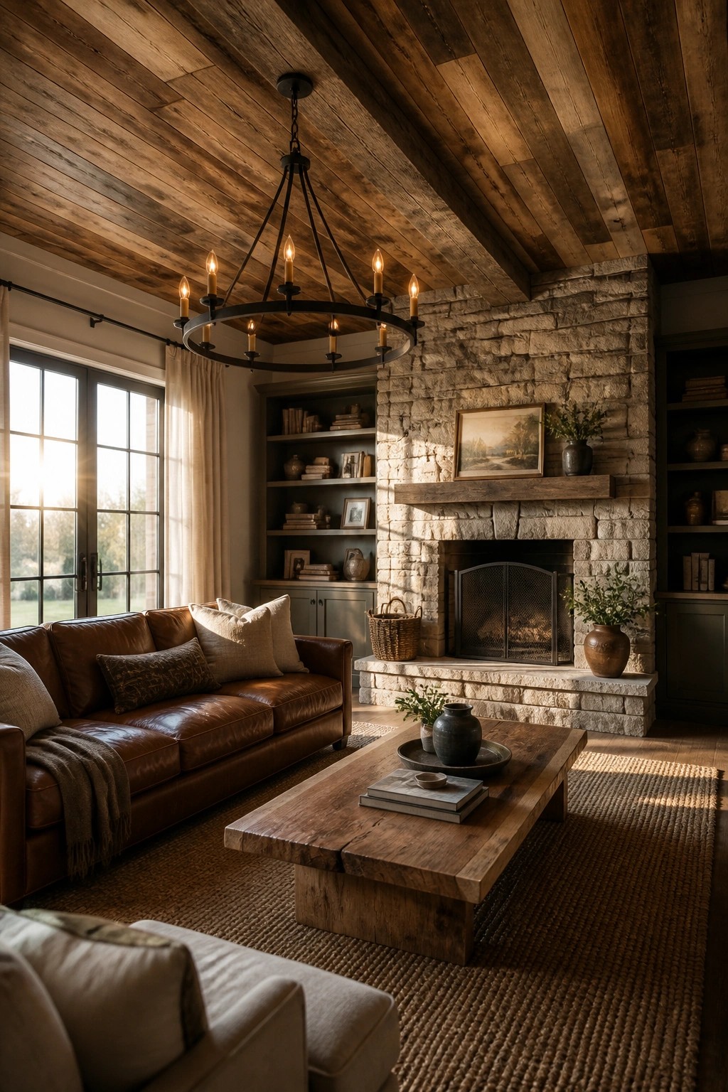 A living room interior featuring a vaulted ceiling of horizontal reclaimed wood planks, a large stone fireplace, a brown leather sofa, and a wooden coffee table on a woven rug.