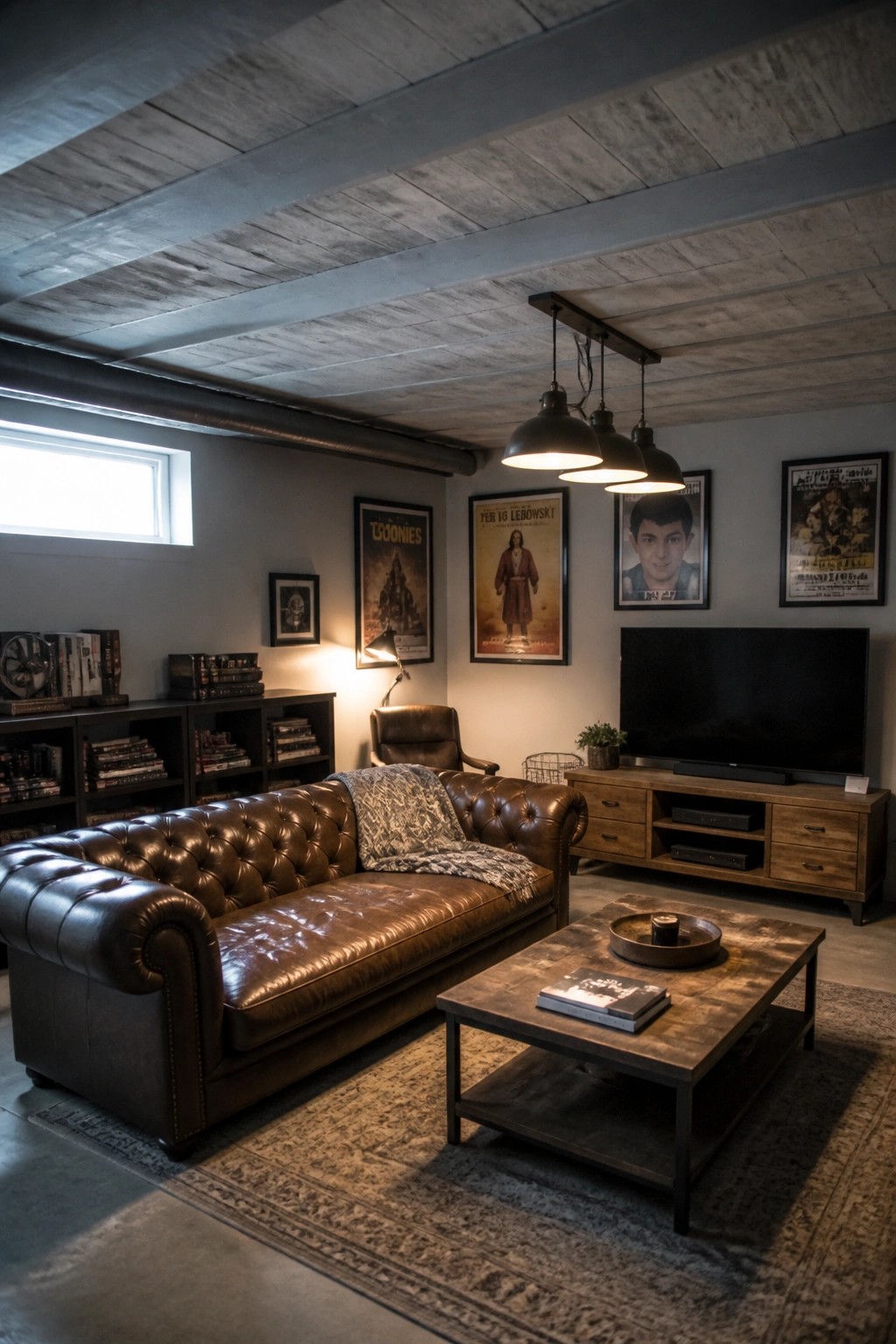 A living room with a gray reclaimed wood plank ceiling, brown leather sofa, wooden coffee table, and framed movie posters on the wall.