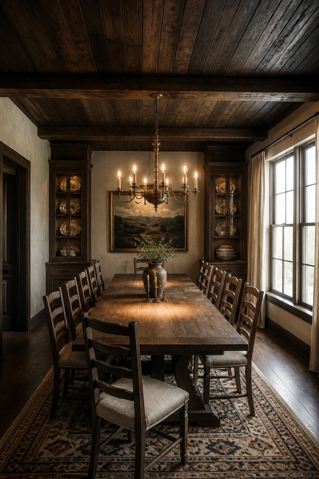 A rustic dining room featuring a long wooden table surrounded by chairs, a large chandelier, built-in cabinets with dishes, and a dark reclaimed wood plank ceiling.