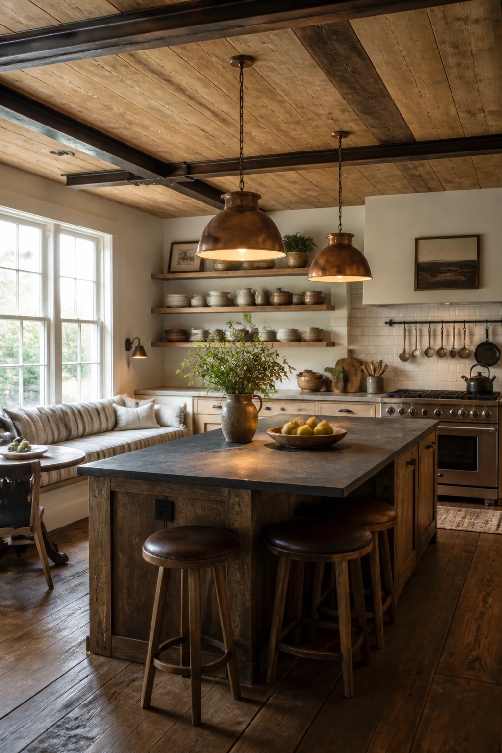 A rustic kitchen with a reclaimed wood plank ceiling, dark exposed beams, and a large wooden island with stools.