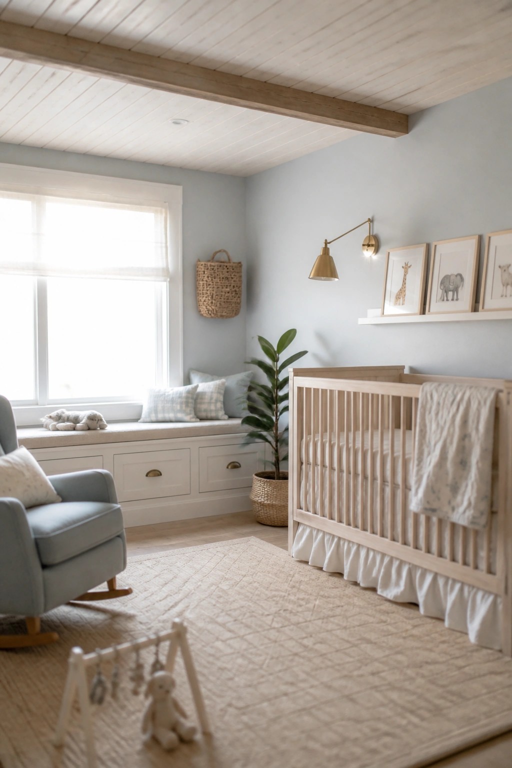 A light-filled nursery with a wooden crib, blue rocking chair, window seat, and exposed rustic wood beams on a white plank ceiling.