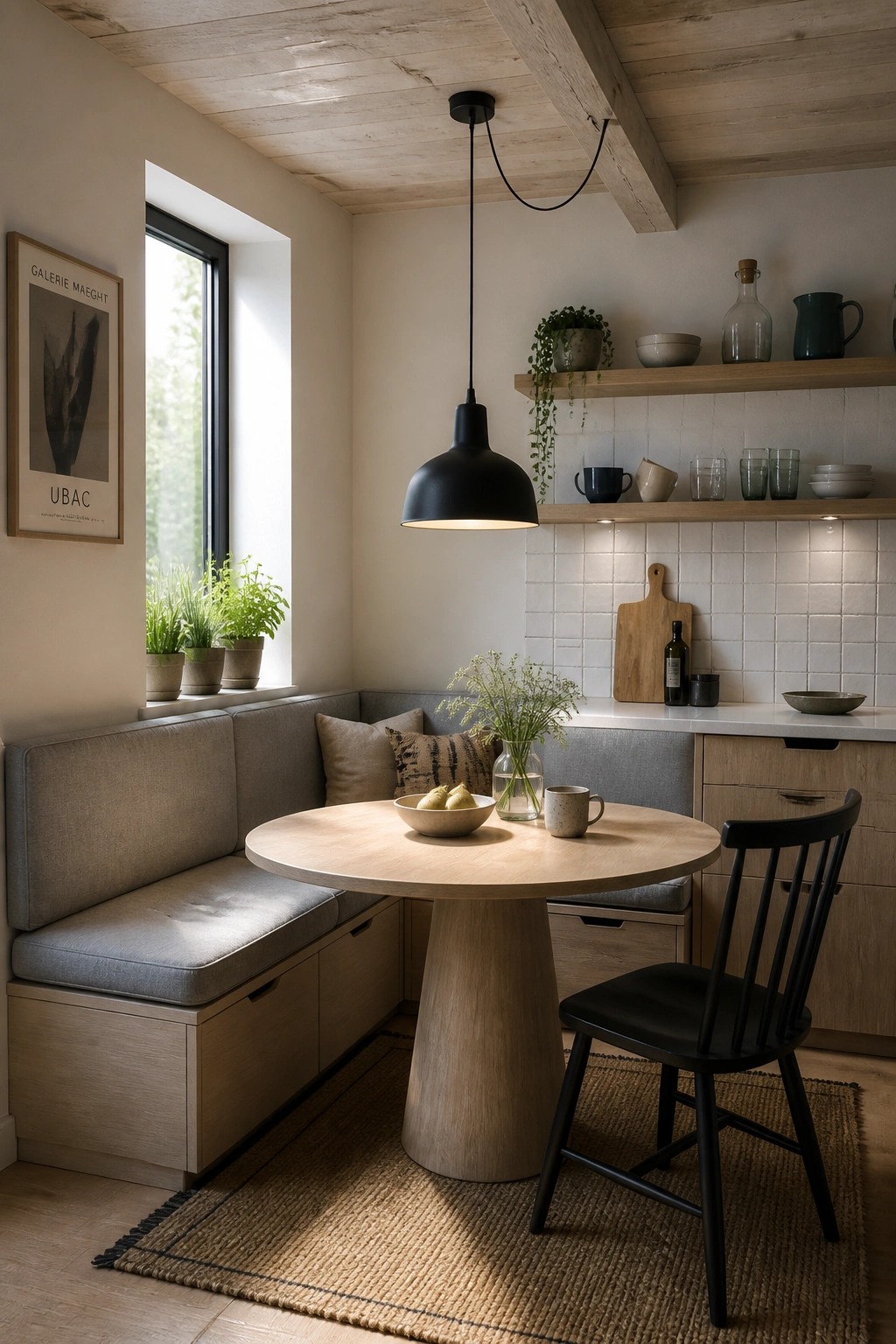 A kitchen dining nook with a round wooden table, gray banquette seating, black pendant light, and light wood ceiling beams with visible planks.