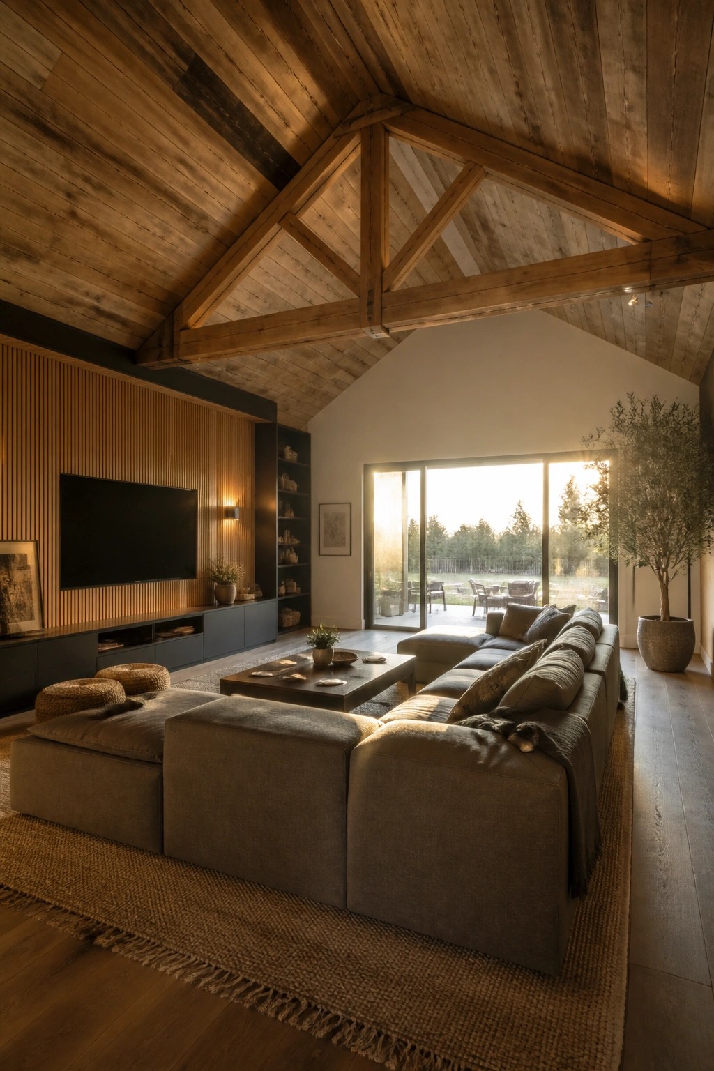Interior view of a living room with a vaulted ceiling of reclaimed wooden planks and large exposed timber trusses, a large sectional sofa on a woven rug, and sliding glass doors opening to an outdoor deck.