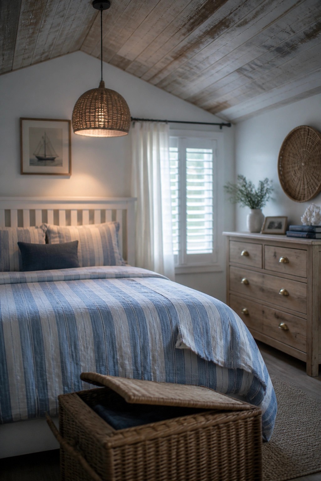 A bedroom featuring a whitewashed reclaimed wood plank ceiling, a bed with blue striped bedding, and a woven pendant light hanging from the center.