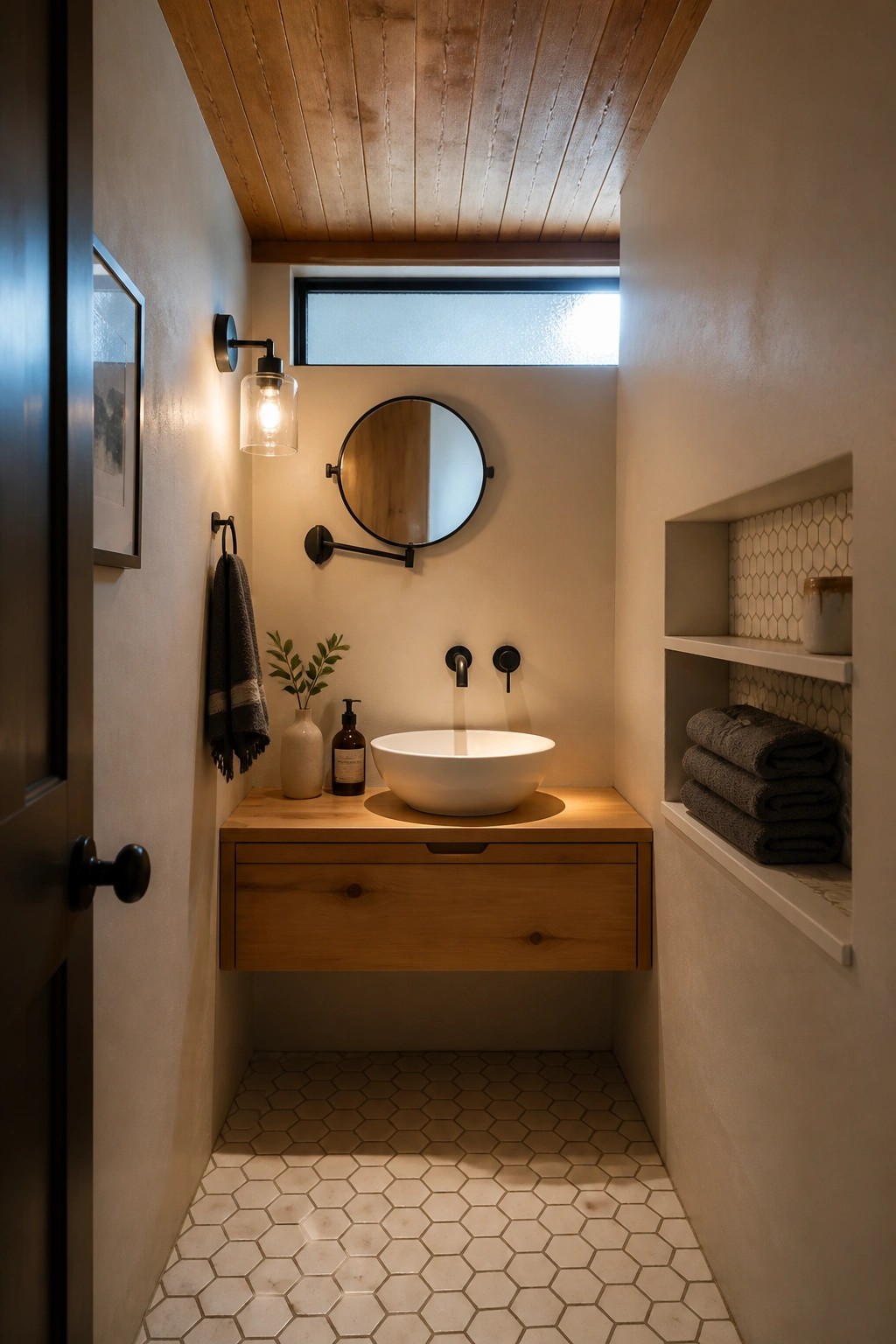 A narrow bathroom interior with horizontal wood plank ceiling, floating wood vanity, white vessel sink, round mirror, and built-in shelf with folded towels.