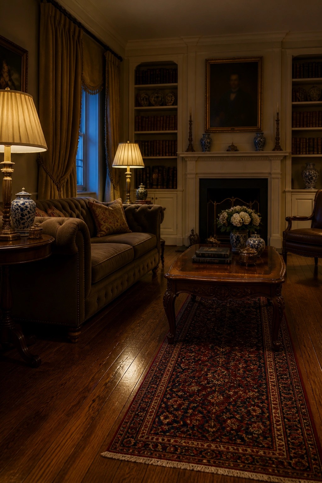 A traditional living room featuring dark hardwood floors, a large patterned area rug, a tufted sofa, and built-in bookshelves flanking a fireplace.