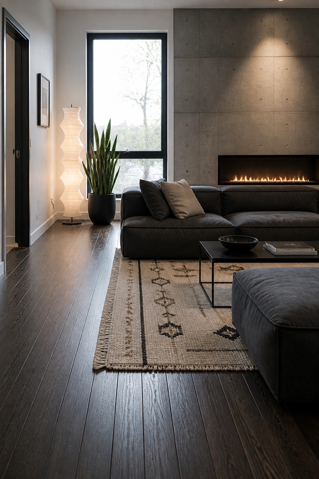 A living room interior featuring wide dark wood flooring, a dark sectional sofa on a light patterned rug, a potted plant, and a concrete wall with a linear fireplace.