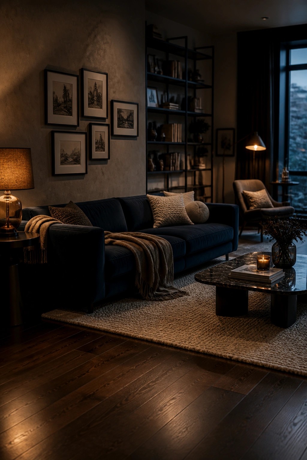 A living room with dark hardwood flooring, a navy sofa, marble coffee table, and framed art on the wall.