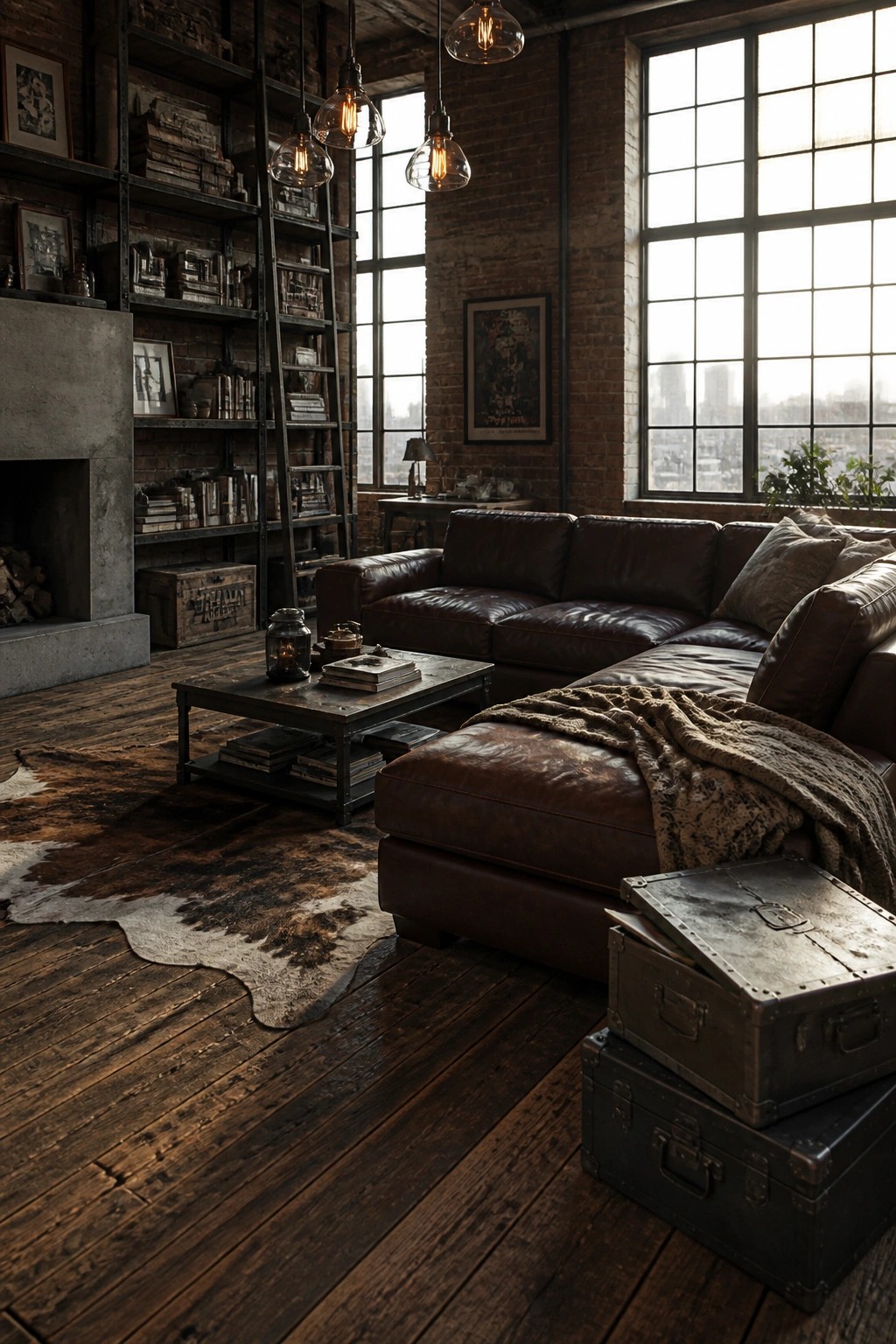 Living room interior with dark leather sectional sofa, wide dark wood plank flooring, exposed brick walls, metal shelving, and large grid windows.