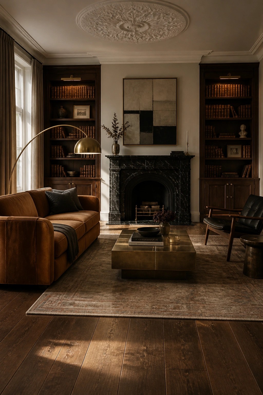 Elegant living room with brown sofa, marble fireplace, dark bookshelves, and brass lamp