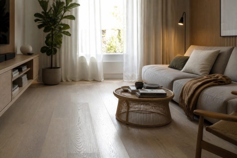 20 Stylish Living Room Wood Flooring Ideas for Comfortable Everyday Use A living room with light wood plank flooring, a gray sectional sofa, a round wooden coffee table, built-in light wood shelving with a television, and large windows with sheer curtains.