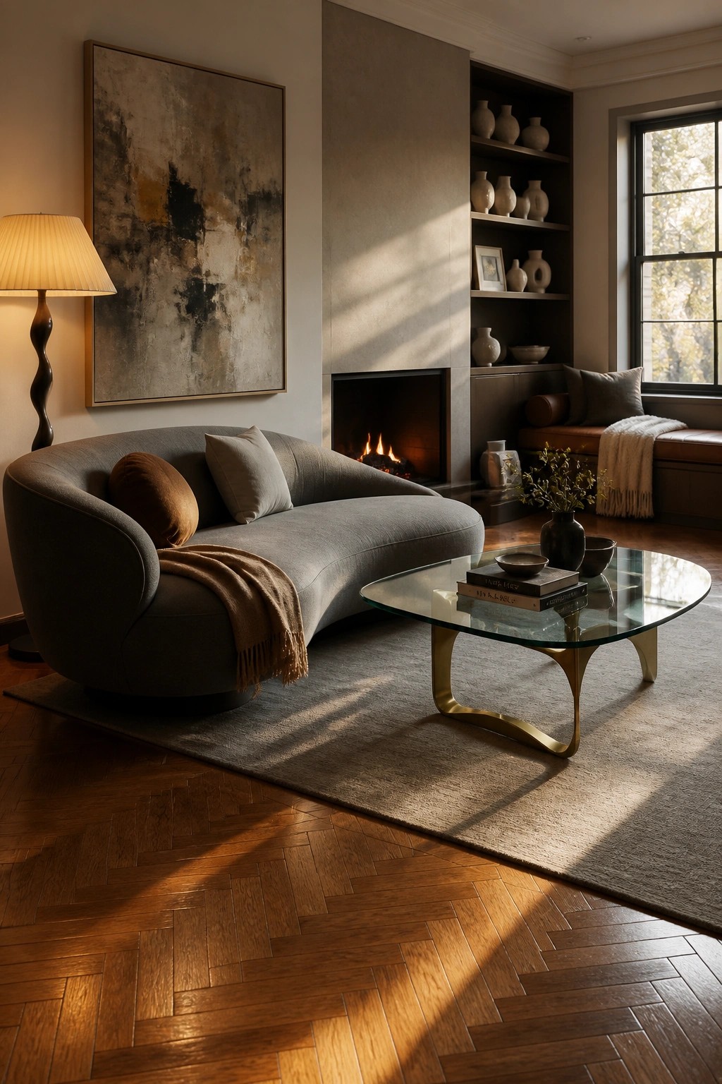 A modern living room with herringbone wood flooring, a curved gray sofa, glass coffee table, and a lit fireplace.