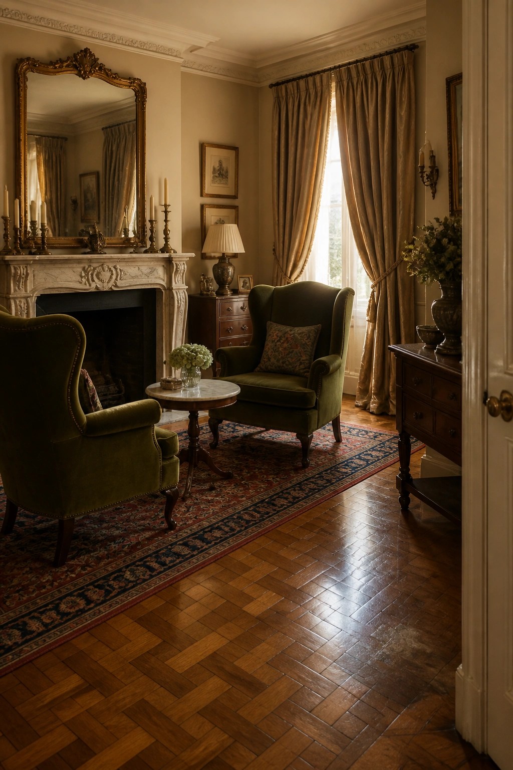 A traditional living room with green velvet wingback chairs, a marble fireplace, and herringbone parquet wood flooring partially covered by a patterned rug.