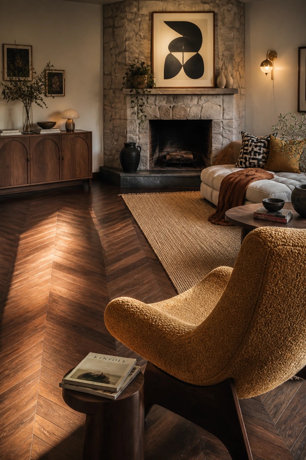A living room with dark herringbone wood flooring, a stone fireplace, and a mustard boucle chair in the foreground.
