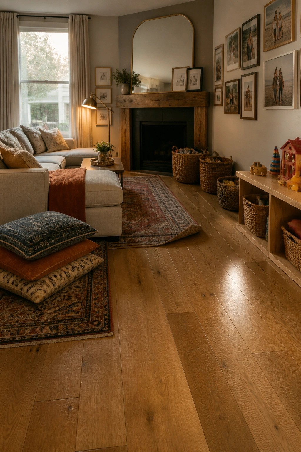 A living room interior featuring light oak wood flooring, a light-colored sectional sofa with pillows, a wooden fireplace mantel, and a gallery wall of framed photos.