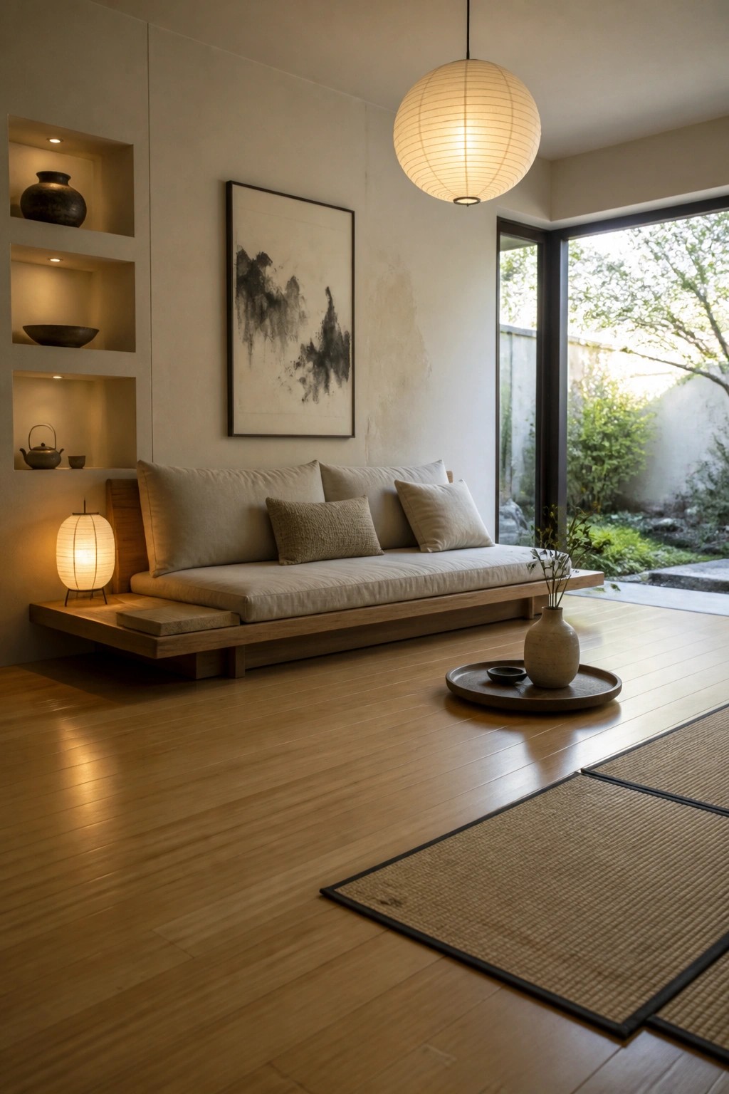 A minimalist living room featuring light wood flooring, a low wooden daybed with beige cushions, built-in wall niches, and tatami mats near large glass doors.