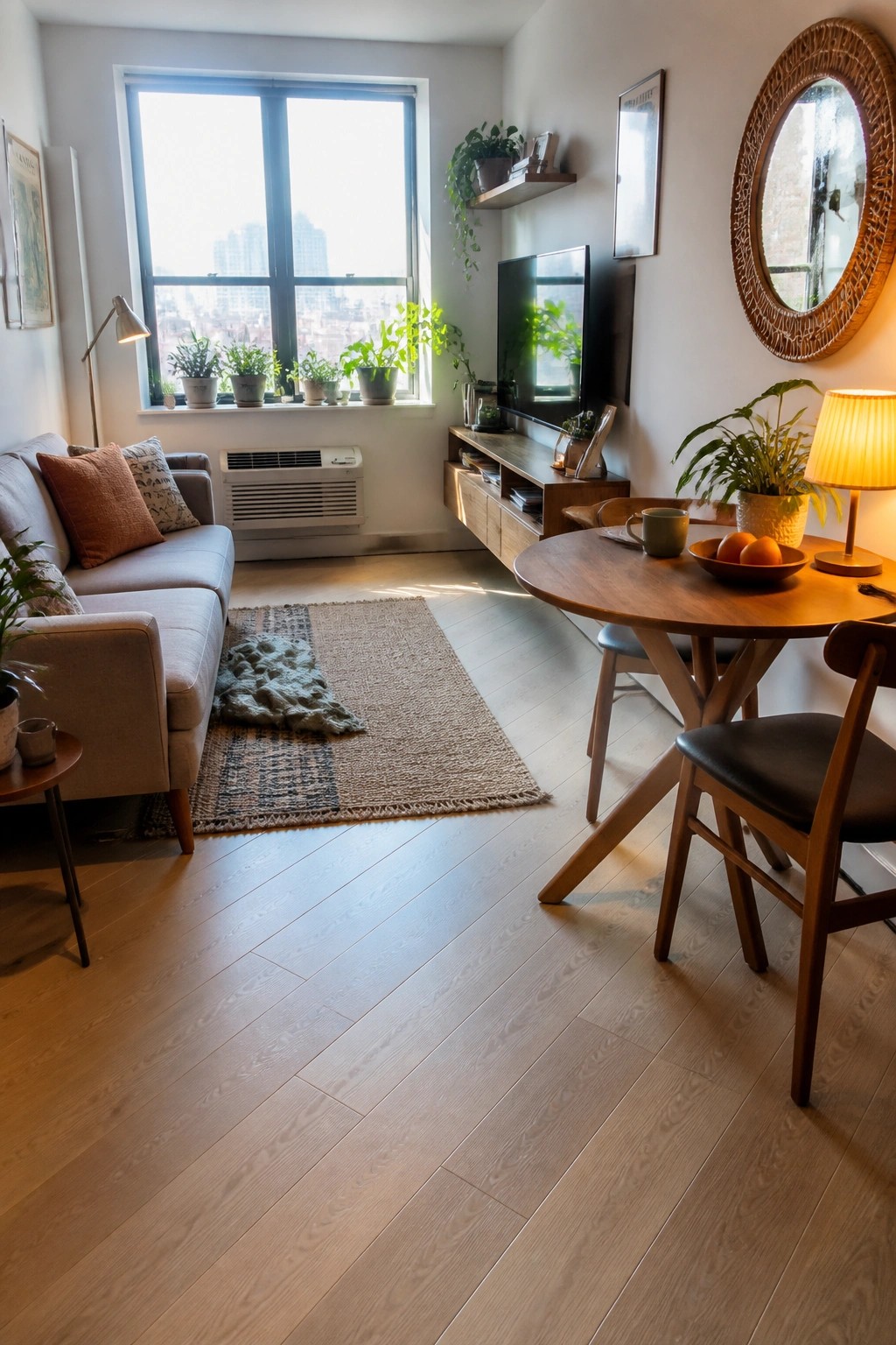 A living room with light wood plank flooring, a gray sofa, a round wooden dining table, and a large window with plants on the sill.