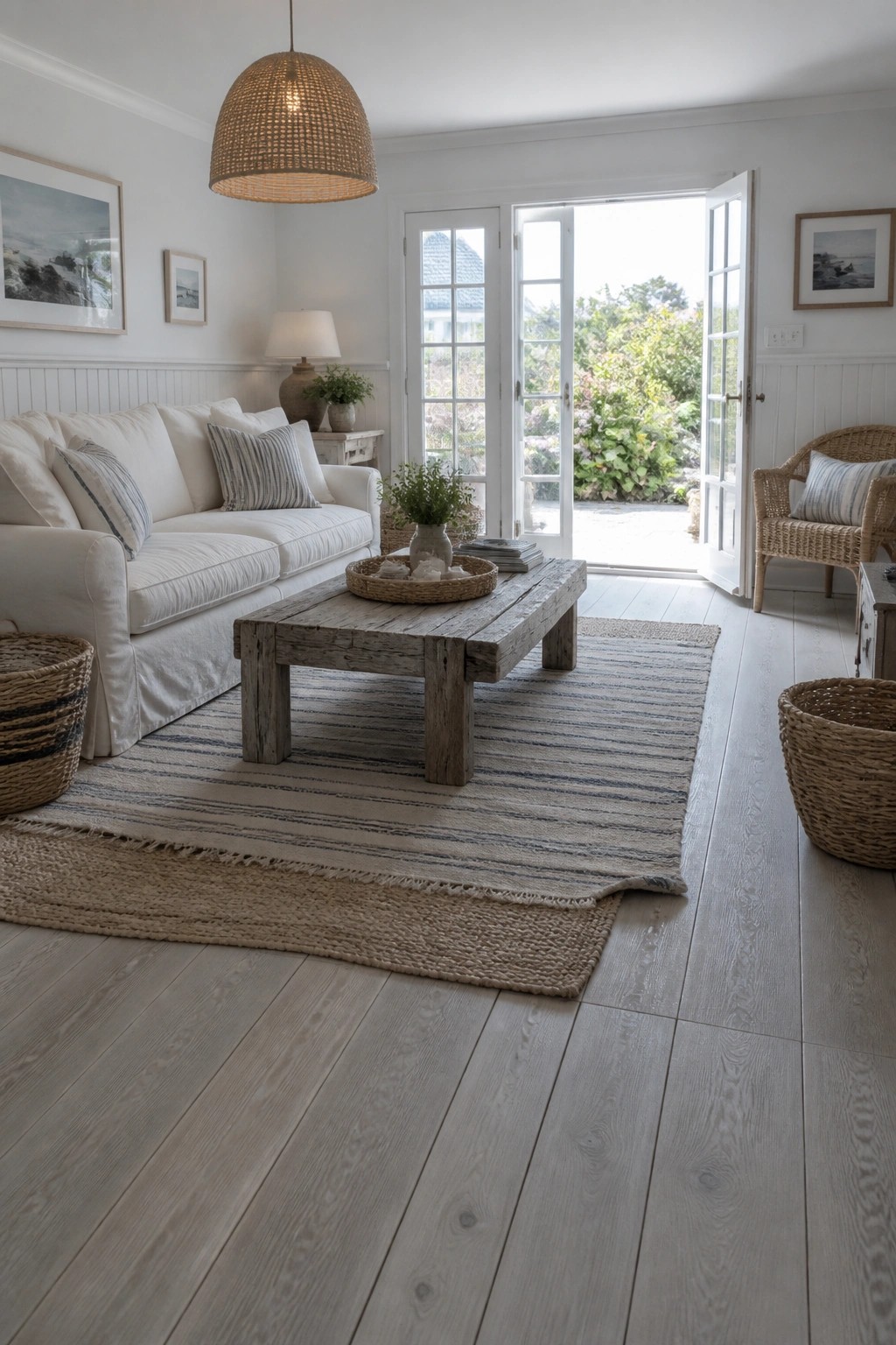 A bright living room with light wood plank flooring, a white sofa, a rustic wooden coffee table on a striped rug, and open French doors to a garden.
