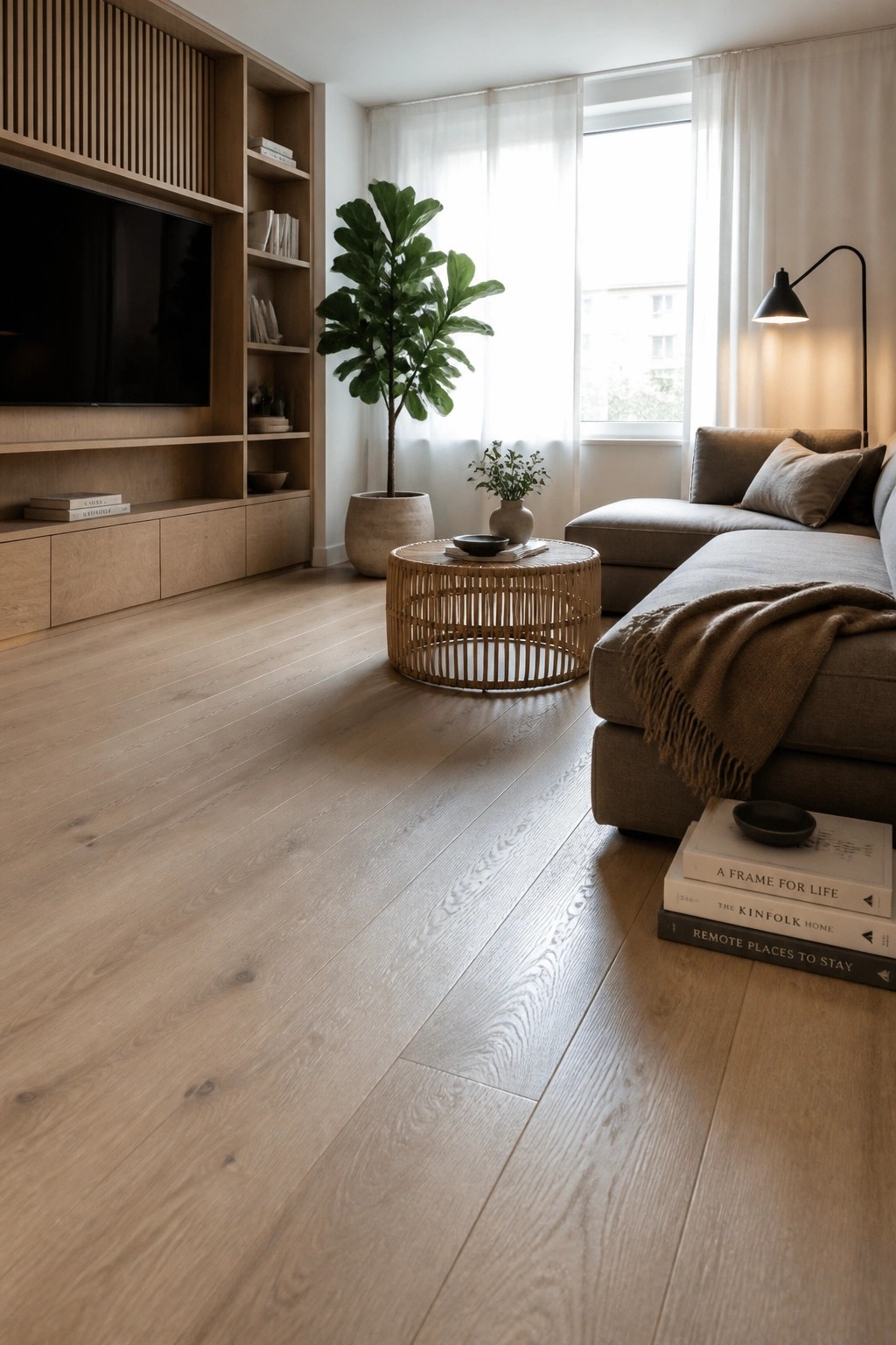 A living room with light wood plank flooring, a gray sectional sofa, a round wooden coffee table, built-in light wood shelving with a television, and large windows with sheer curtains.