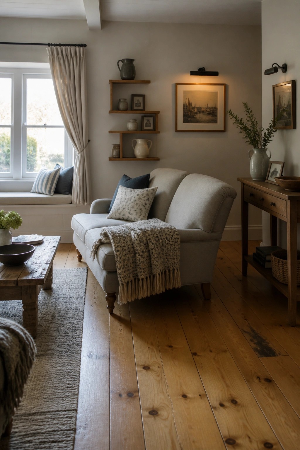 A living room with wide plank light wood flooring, a light gray sofa, wooden coffee table, window seat, and wall shelves holding pottery and framed pictures.