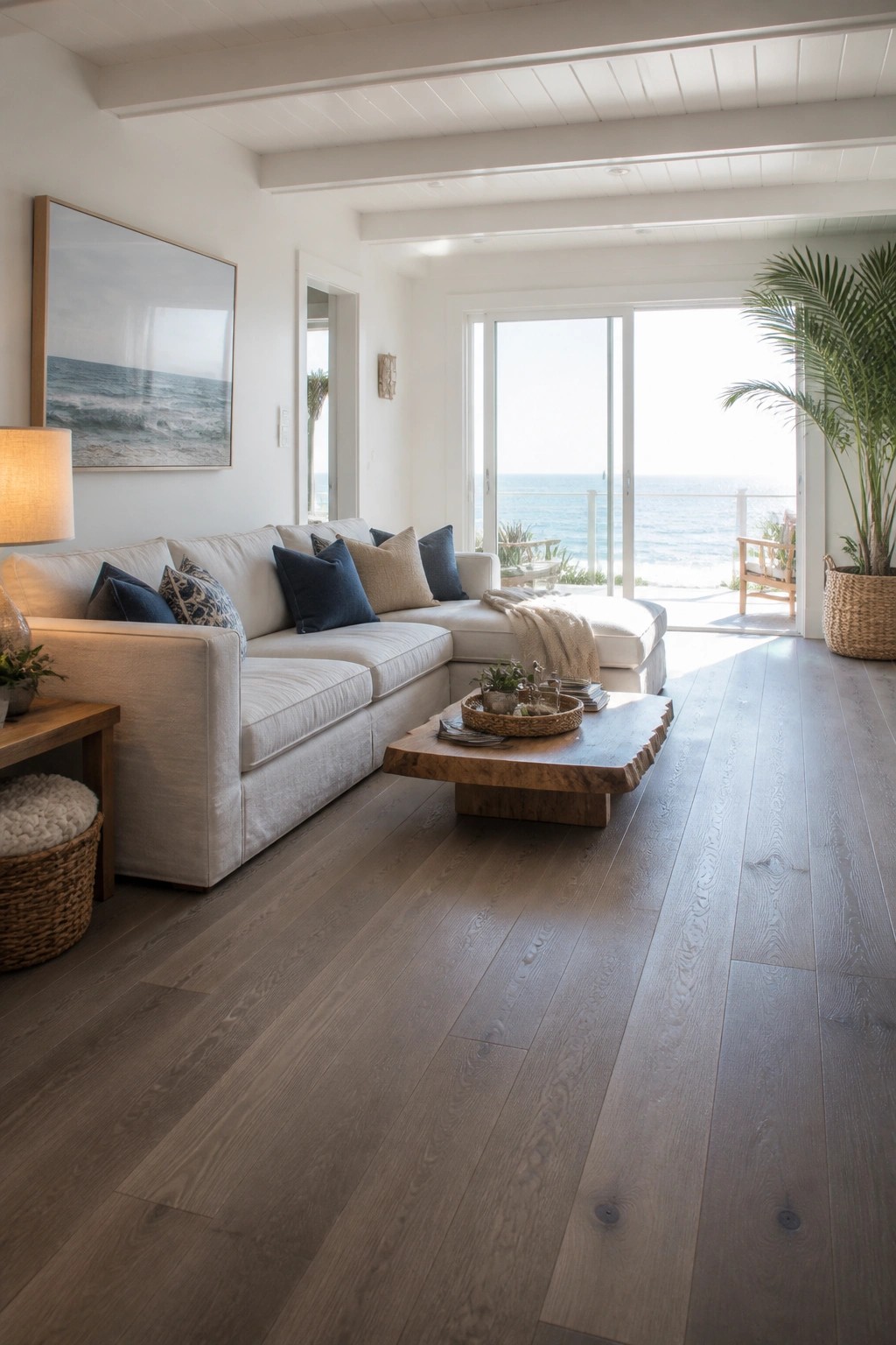 Light-filled living room with white sectional sofa, wooden coffee table, and ocean view.