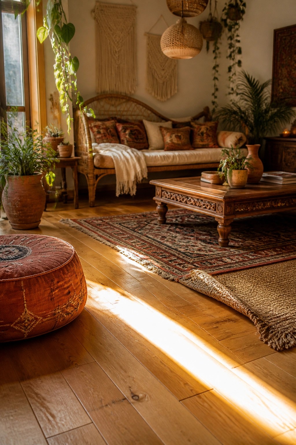 A living room interior featuring light hardwood flooring with sunlight streaming across it, a red patterned floor cushion in the foreground, and a wooden coffee table on a large area rug.