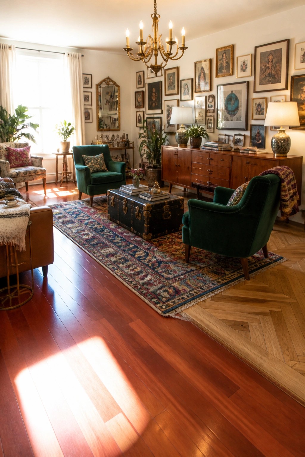 A living room with warm reddish hardwood floors, two green velvet armchairs, a large patterned rug, and a black trunk coffee table under a brass chandelier.