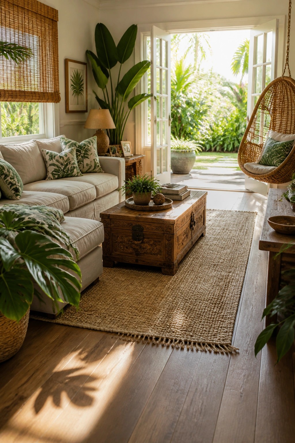 A living room with medium-toned hardwood flooring, a light sofa with green leaf-patterned pillows, a carved wooden trunk coffee table, and a large jute rug.