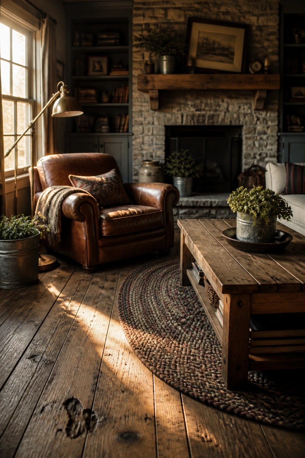 A cozy living room interior featuring wide wooden floorboards, a brown leather armchair with a throw blanket, a rustic wooden coffee table, and a stone fireplace with built-in bookshelves.