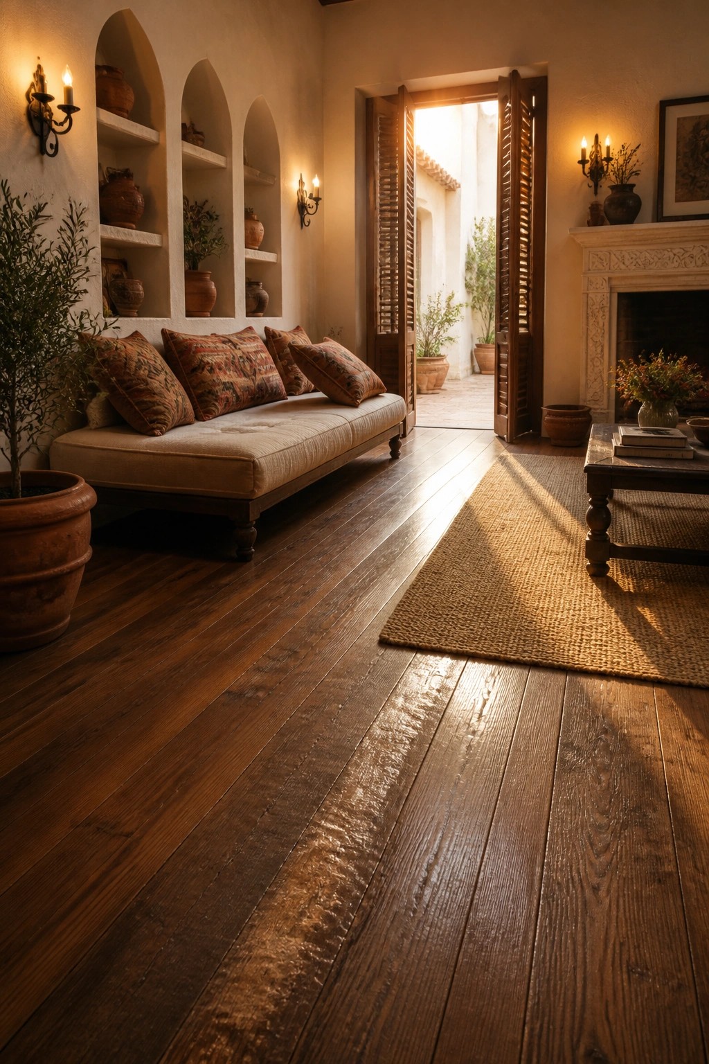 A living room interior with wide dark wood plank flooring, a low beige daybed with patterned pillows, arched wall niches, and open wooden doors letting in sunlight.