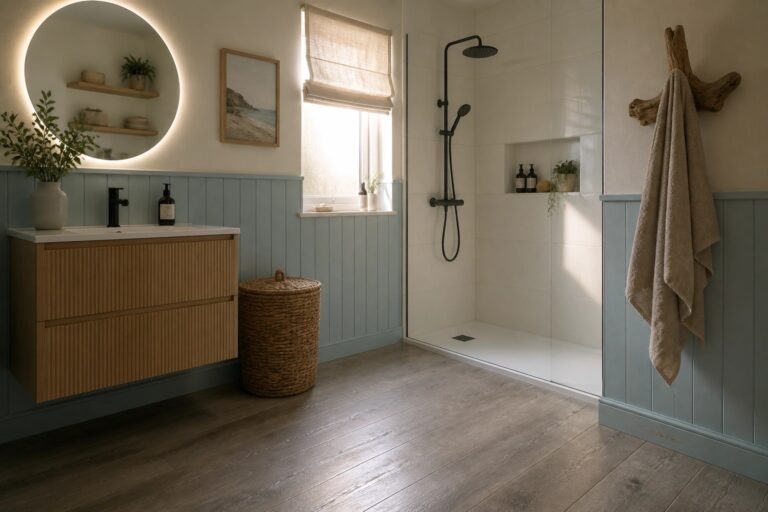 21 Beautiful Wood Look Vinyl Flooring Ideas for Moisture Prone Spaces A bathroom interior with gray wood-look vinyl flooring, a floating light wood vanity, light blue wainscoting, and a glass shower enclosure with black fixtures.
