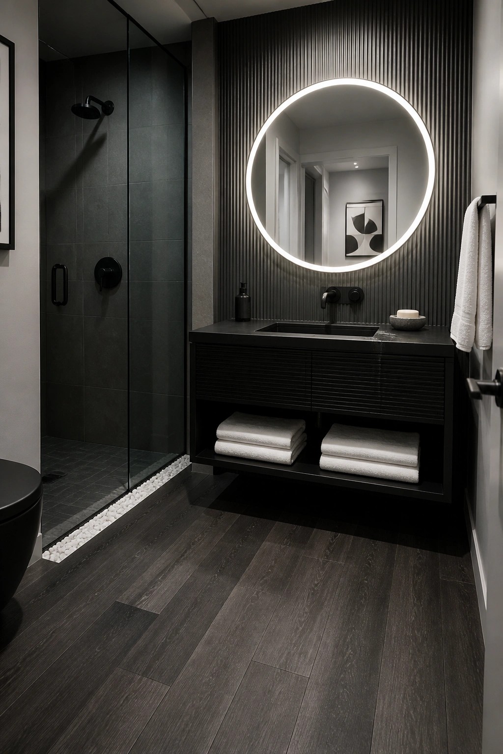Modern bathroom with black vanity, round illuminated mirror, glass shower, and white towels.